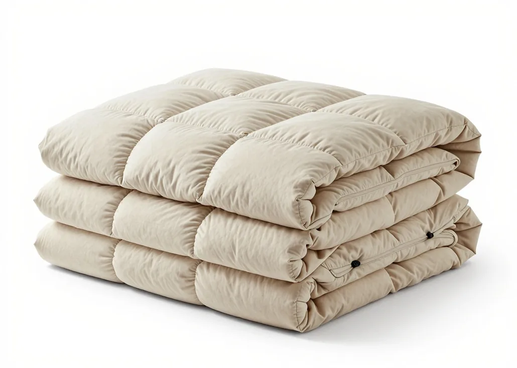Neatly folded thick weighted blanket in soft oat beige cotton percale with visible square quilting